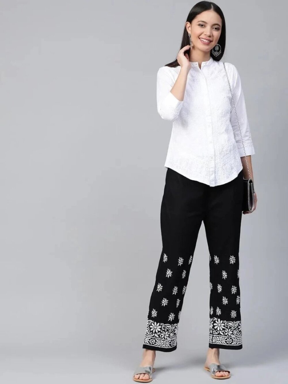 Black Cotton Chikan Palazzo Embroidered Pants Sz L